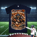 Navy blue t-shirt with 'Bear Down' graphic and football player on a stadium background