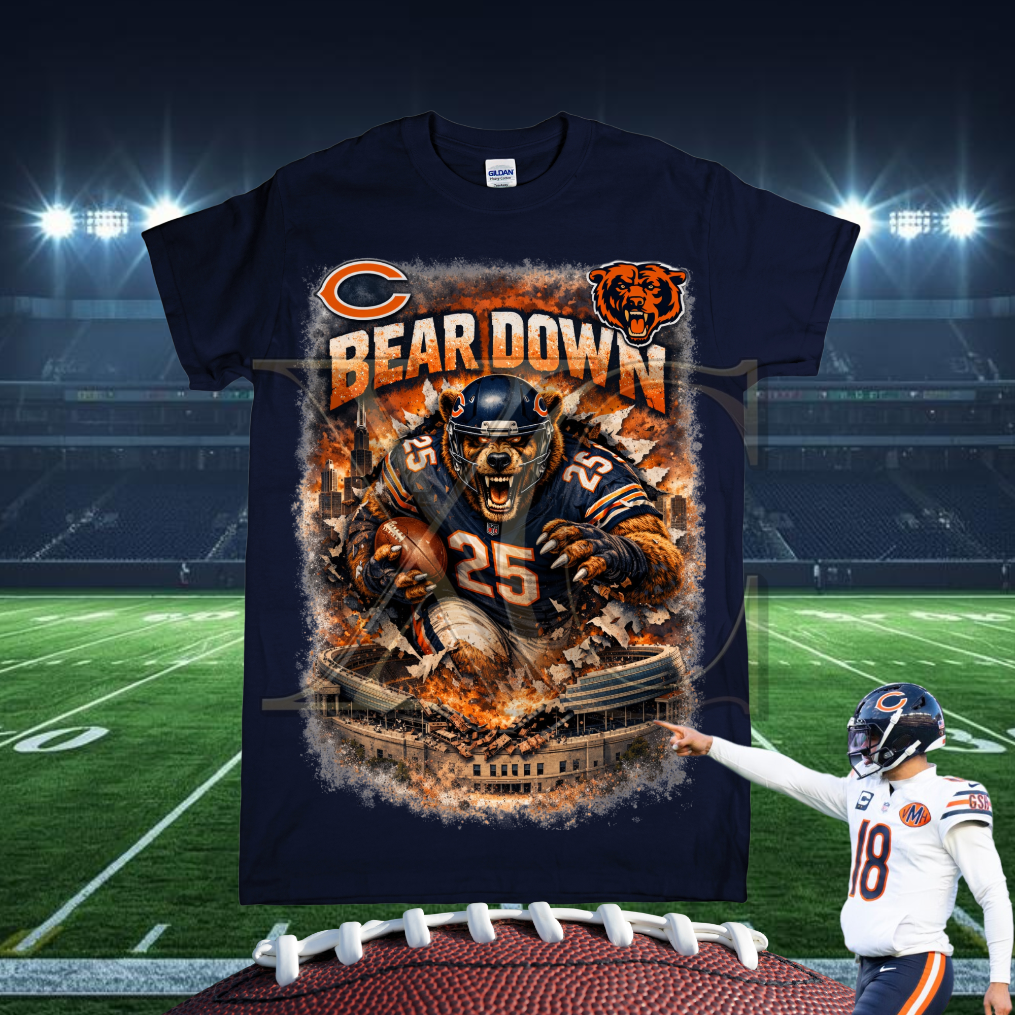 Navy blue t-shirt with 'Bear Down' graphic and football player on a stadium background