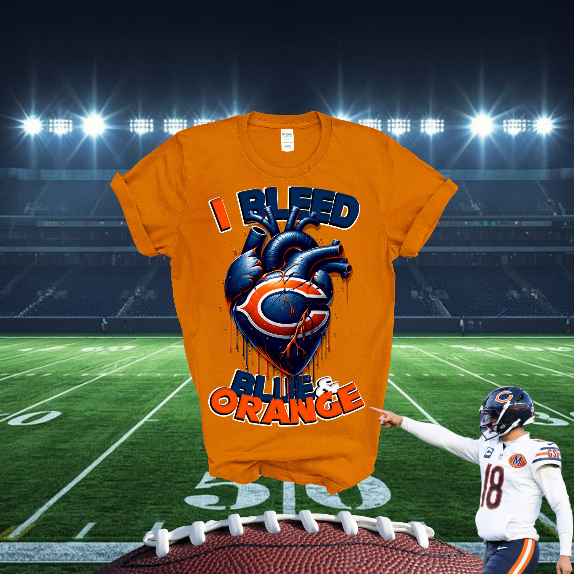 Orange t-shirt with heart design and text on a football field background