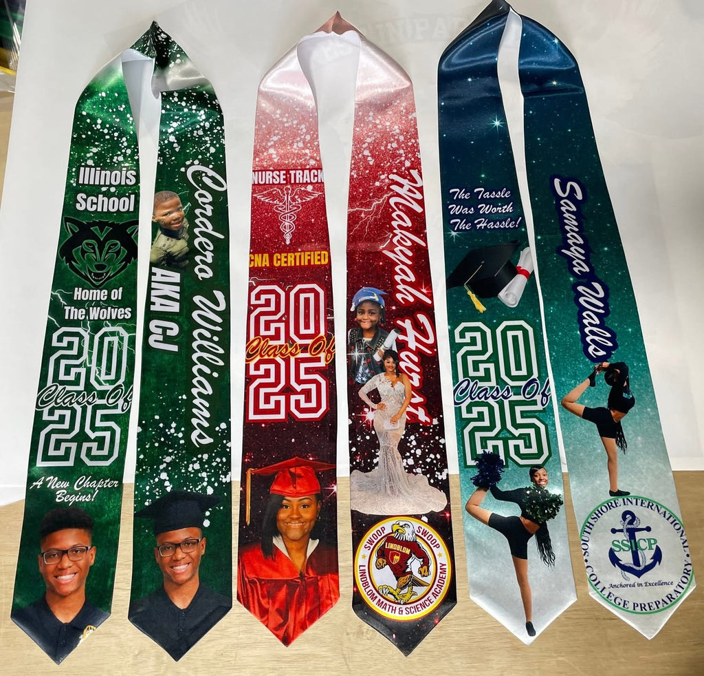 Collection of personalized graduation sashes with various designs and text on a white background.